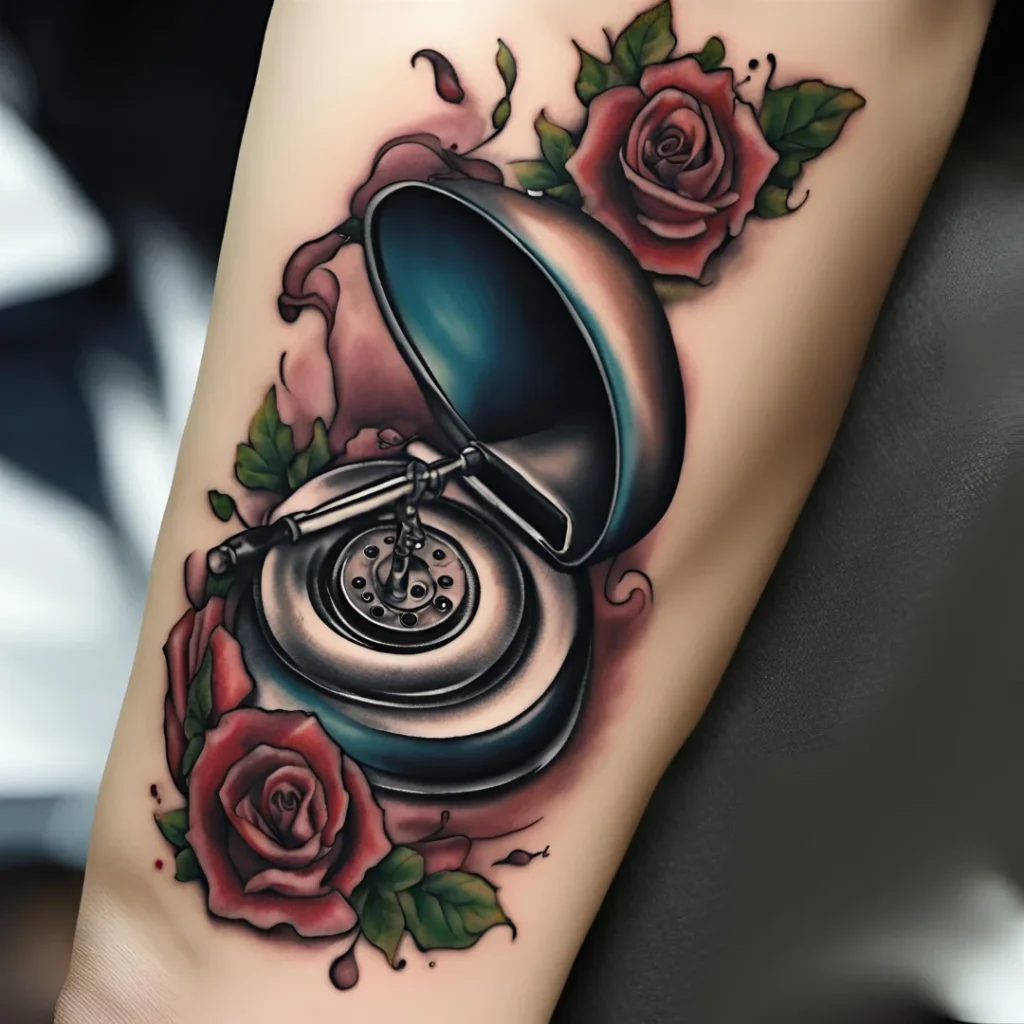 Gramphone Tattoo On Full Wrist