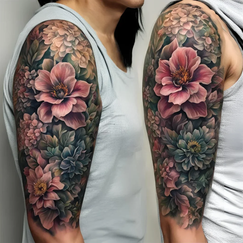 Black And Pink Flower Tattoo 