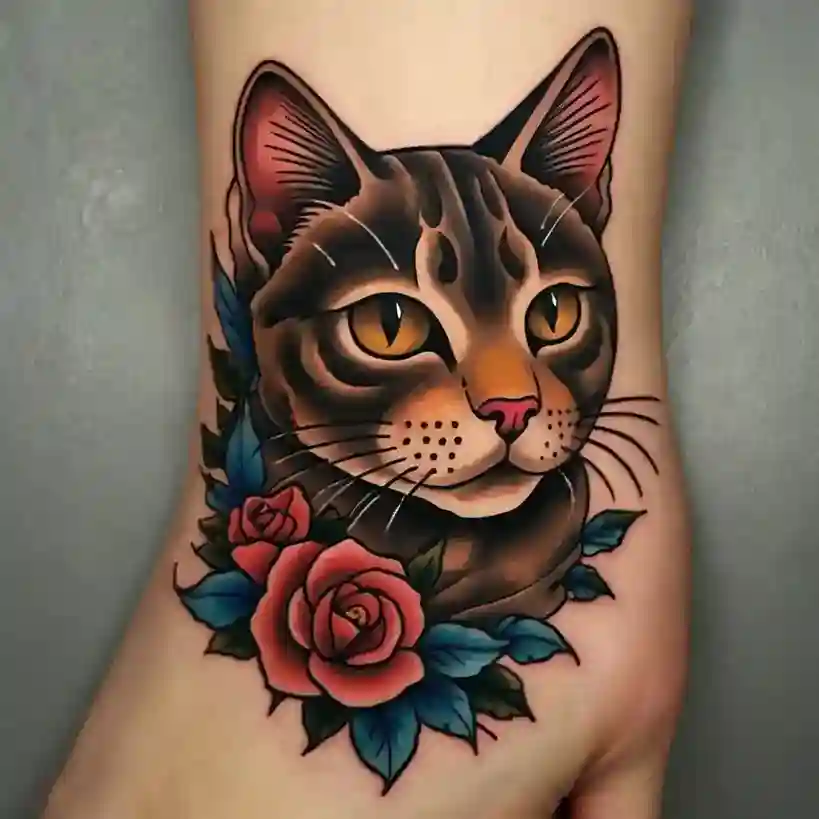 American Traditional Cat Tattoo