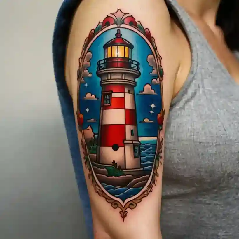 American Traditional Lighthouse Tattoo