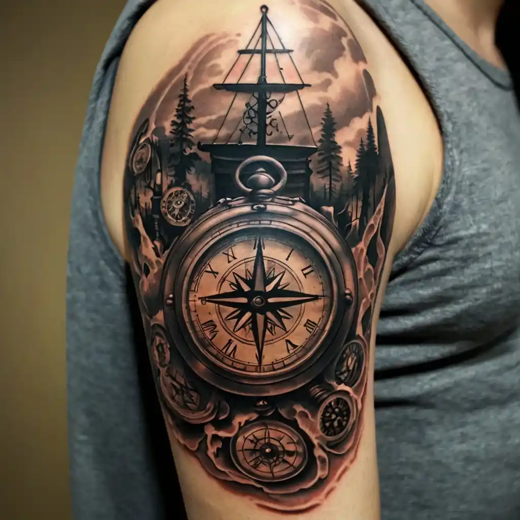 Clock and Compass Tattoo