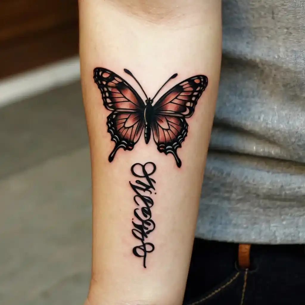 Butterfly and Script Tattoo