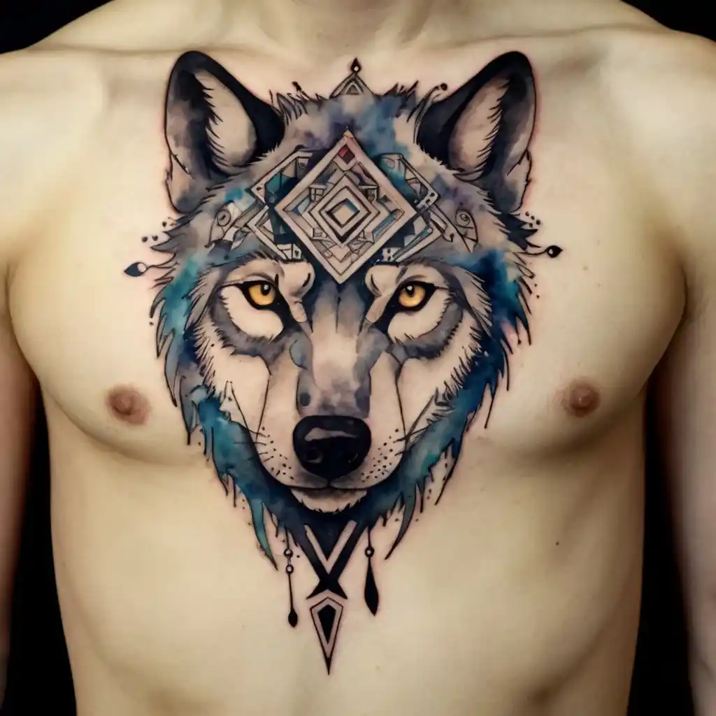 Watercolor Wolf With Ink Tribal Elements