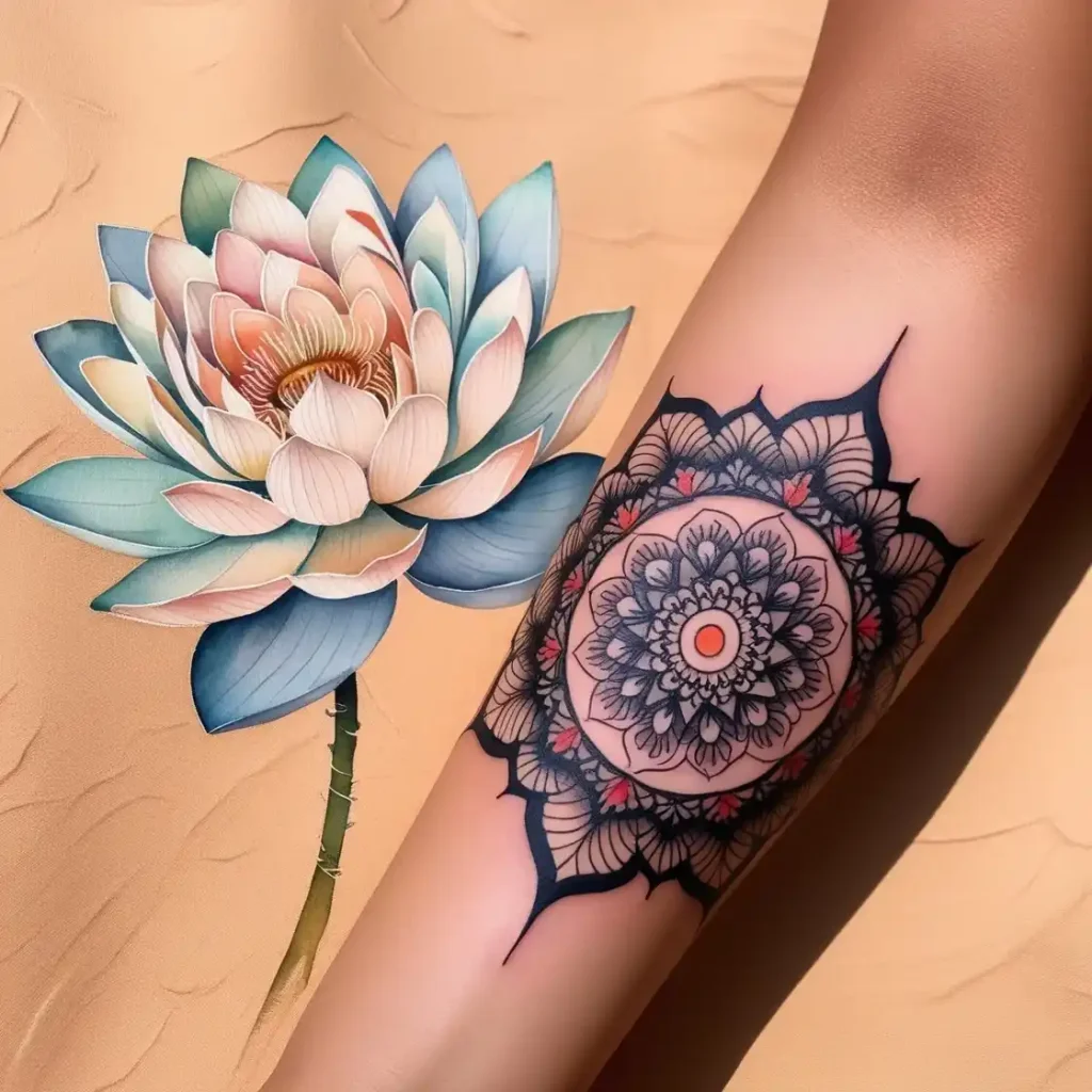 Watercolor Lotus Flower With Ink Mandala