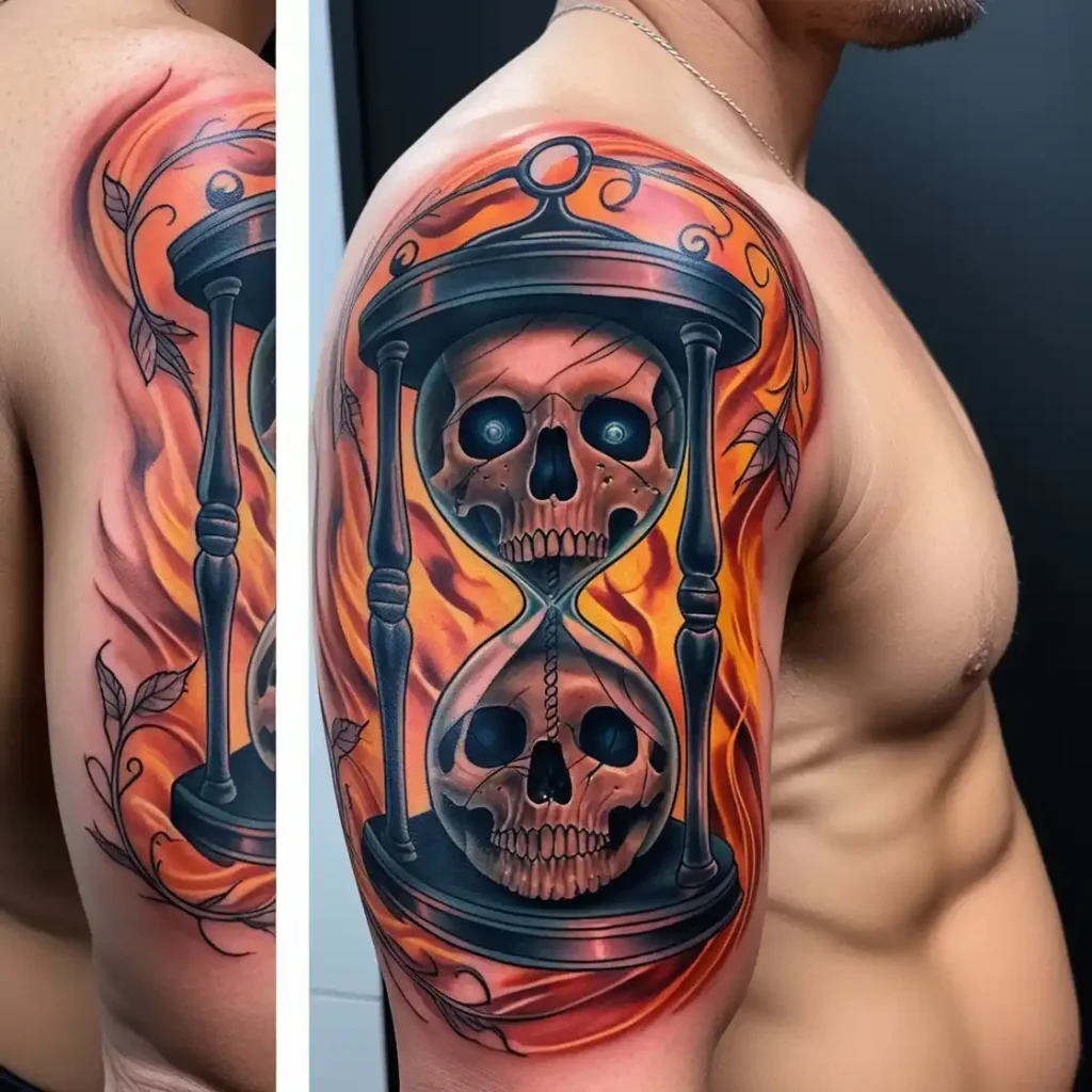 Clock and Skull in Hourglass Tattoo