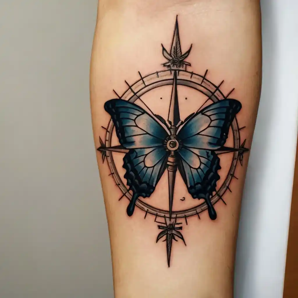 Butterfly and Compass Tattoo