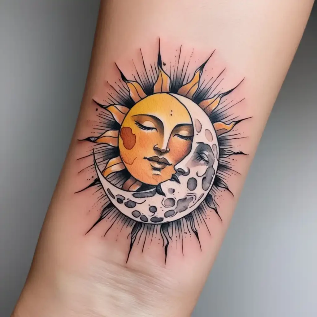 Watercolor Sun And Moon With Ink Rays