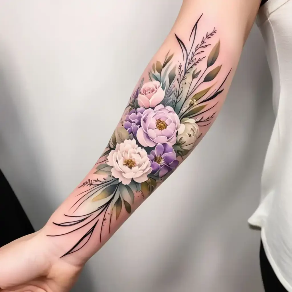 Watercolor Floral Bouquet With Black Ink Outlines