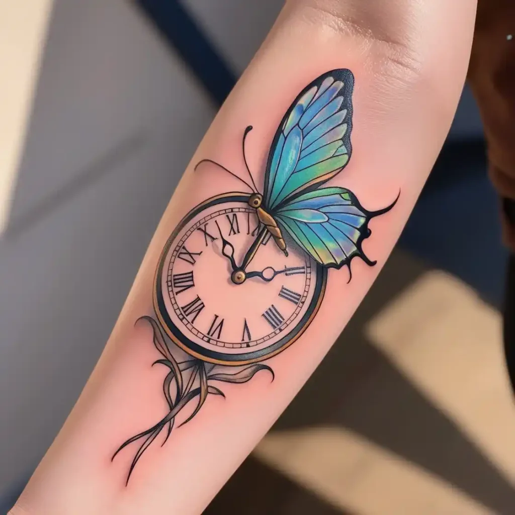 Butterfly and Clock Tattoo