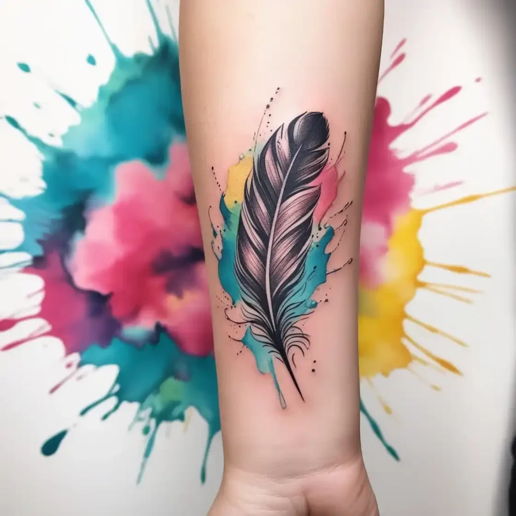 Watercolor Splash Behind An Ink Feather