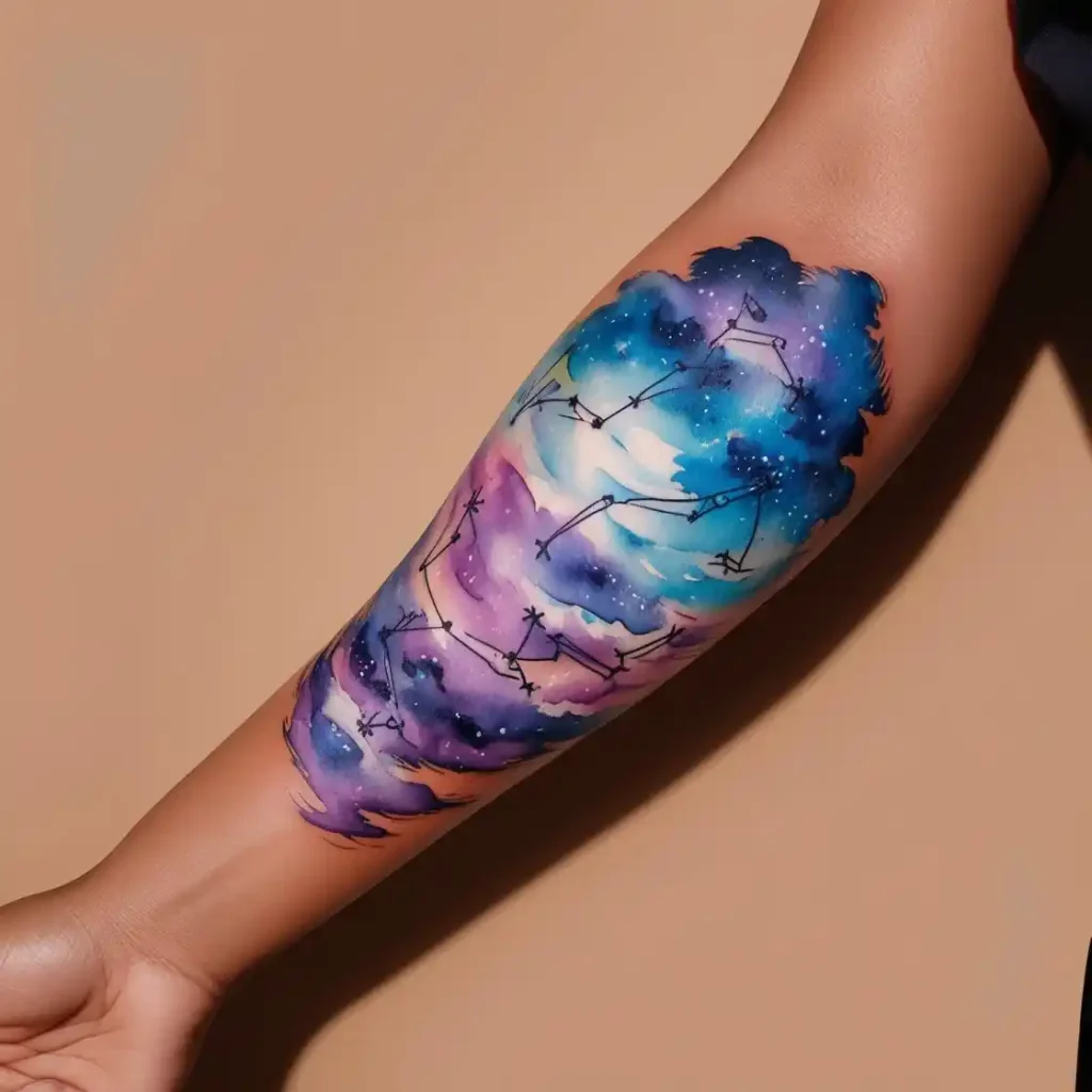 Watercolor Galaxy With Ink Constellations