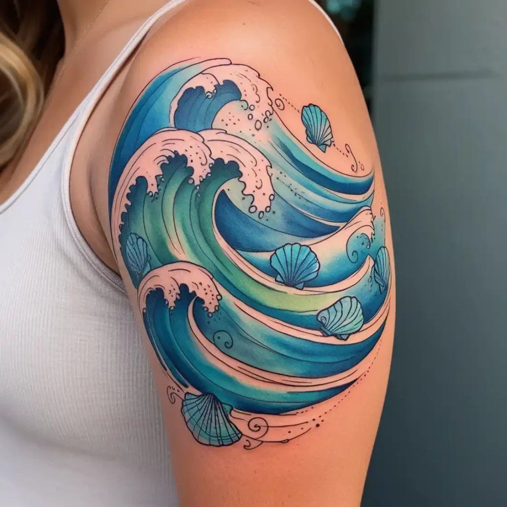 Watercolor Ocean Waves With Ink Seashells