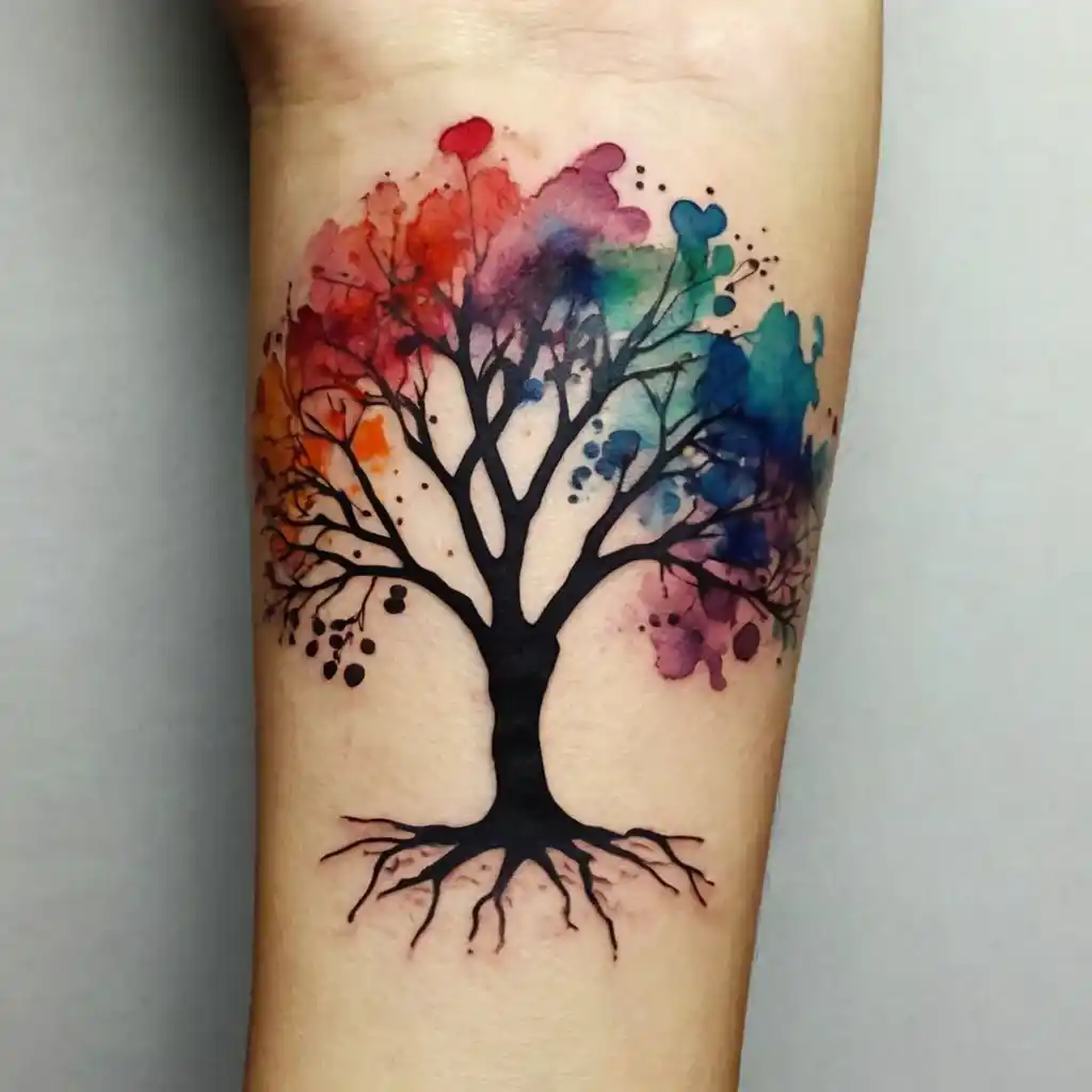 Watercolor Tree With Ink Branches