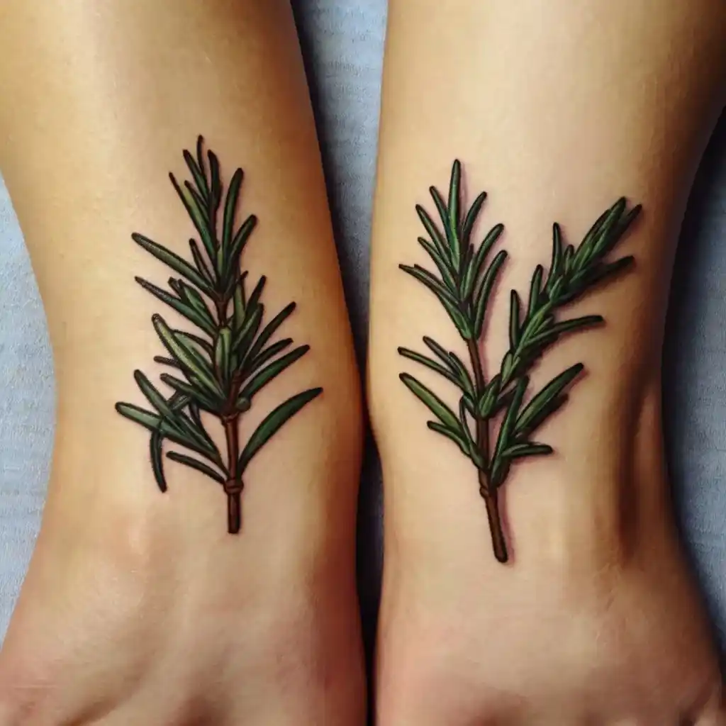 Unique Matching Rosemary Sprig Couples Tattoo Ideas