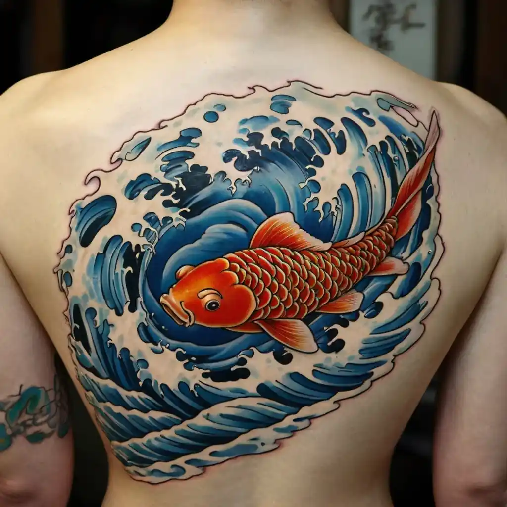 Japanese Koi Fish Swimming Through Waves