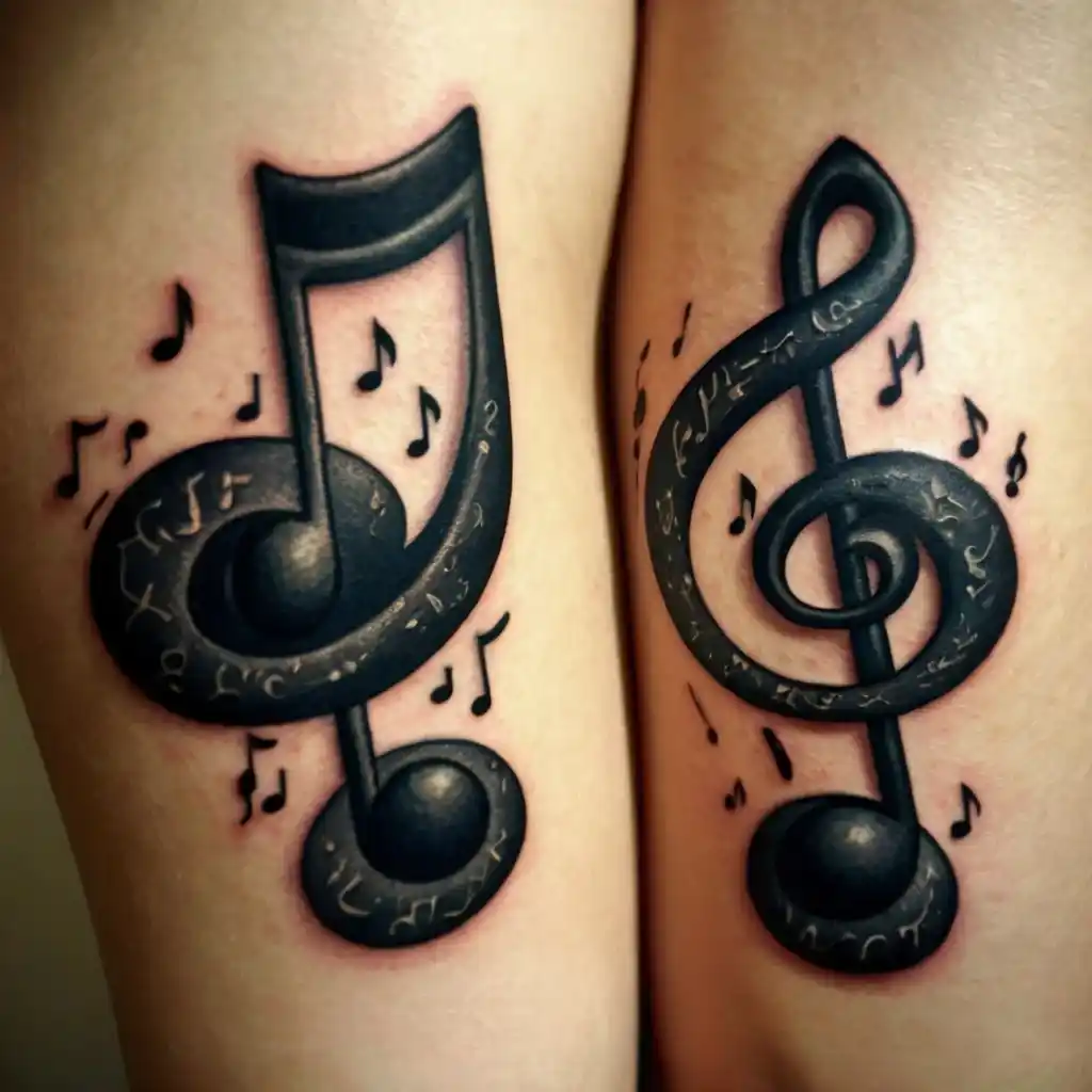 Unique Matching Music Note Couple Tattoos