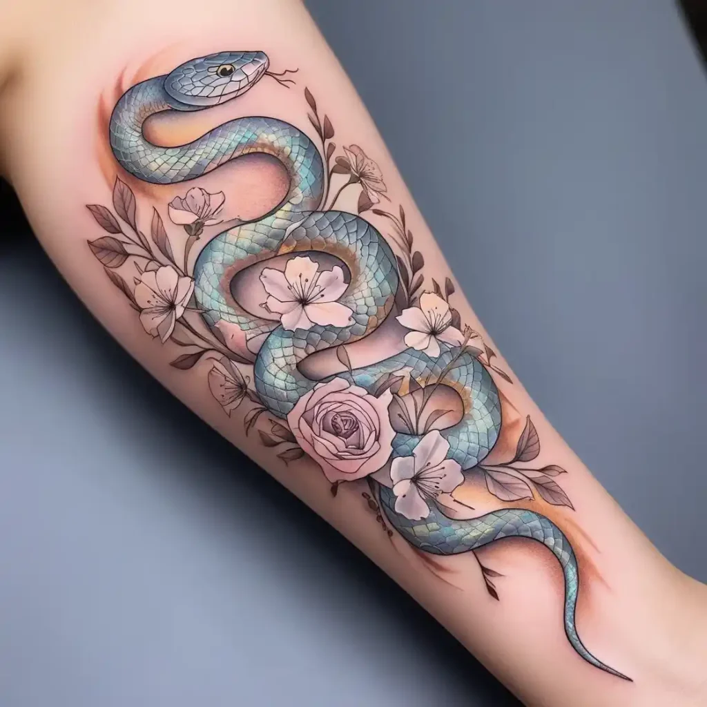 Elegant Coiled Snake with Flowers