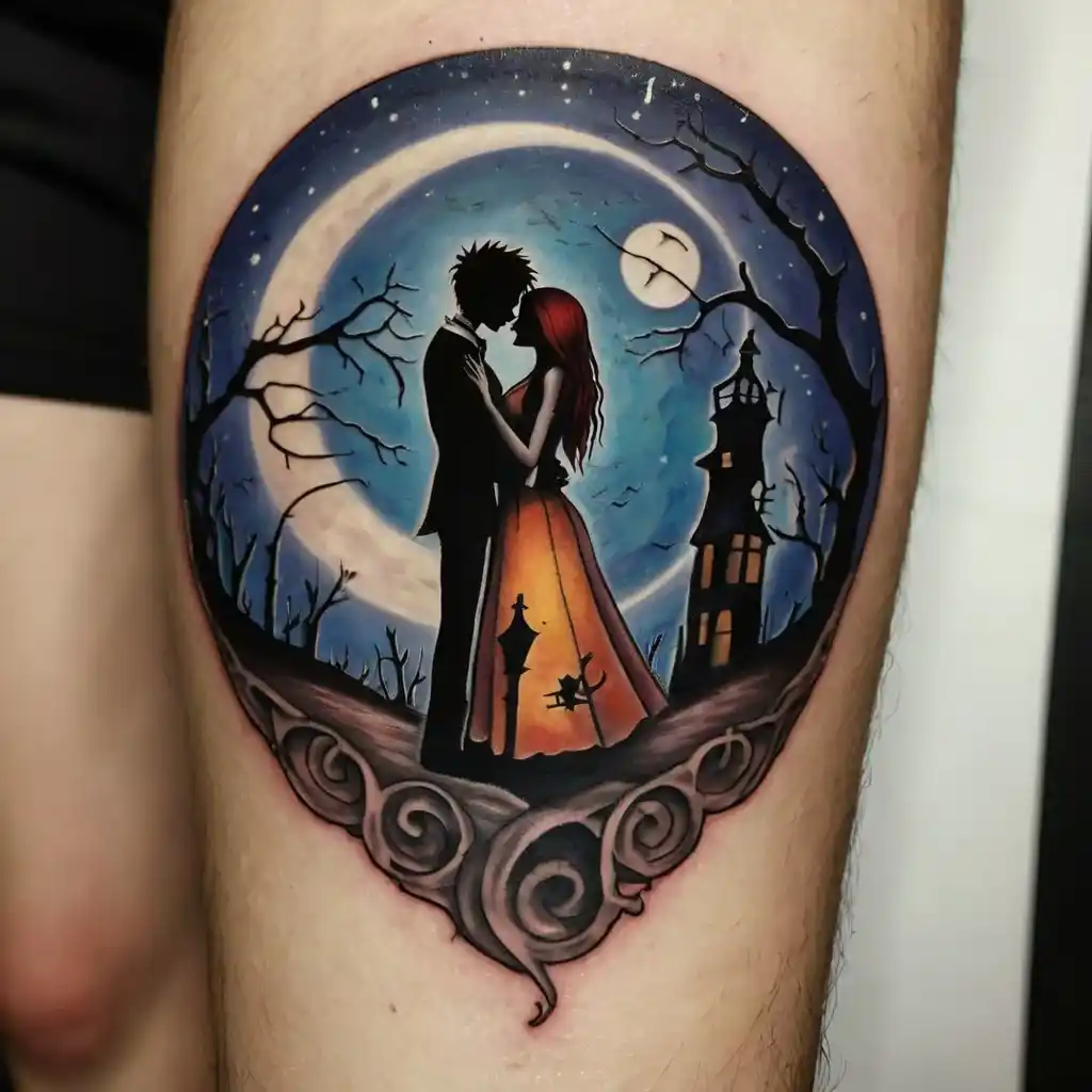 Jack and Sally Embracing Under a Full Moon