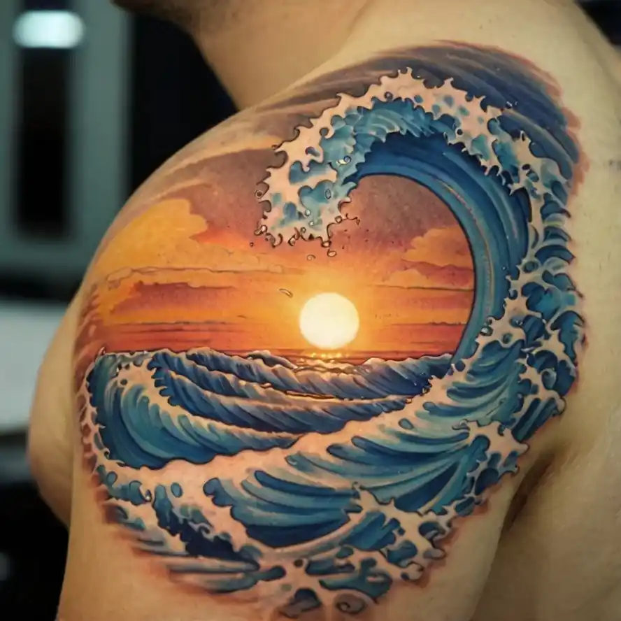 Ocean Wave with Sunset Tattoo