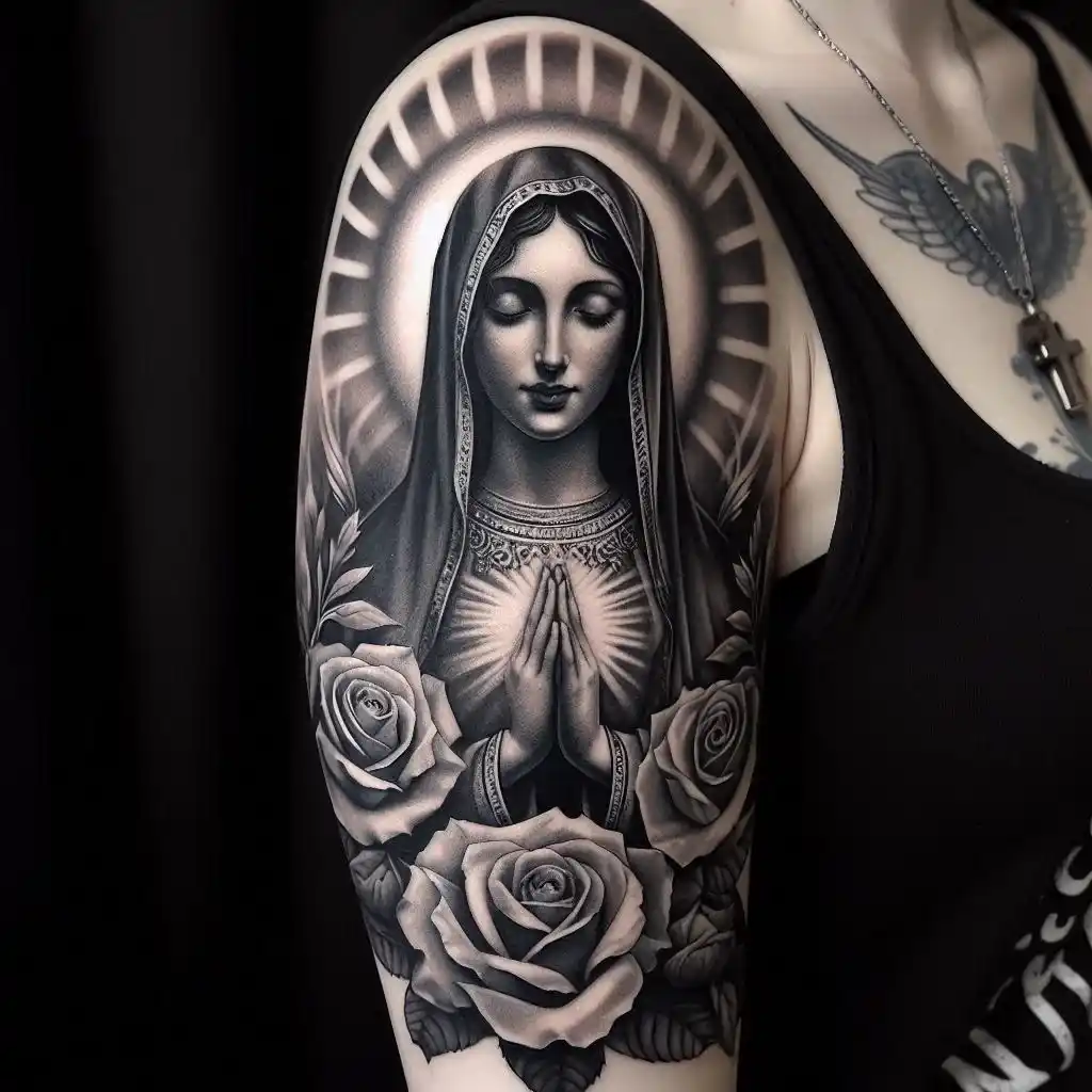 Black and Grey Mother Mary Tattoo