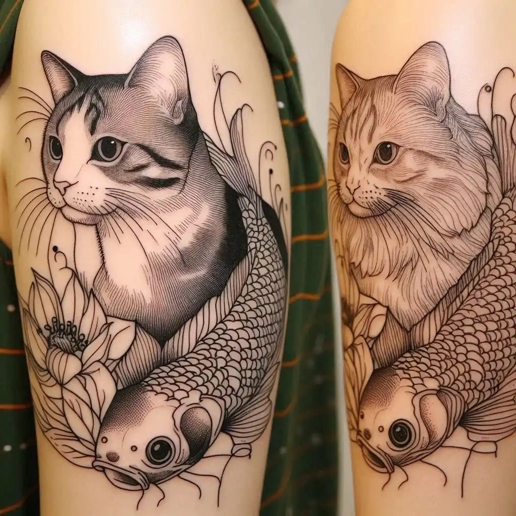 Line Art Cat and Fish