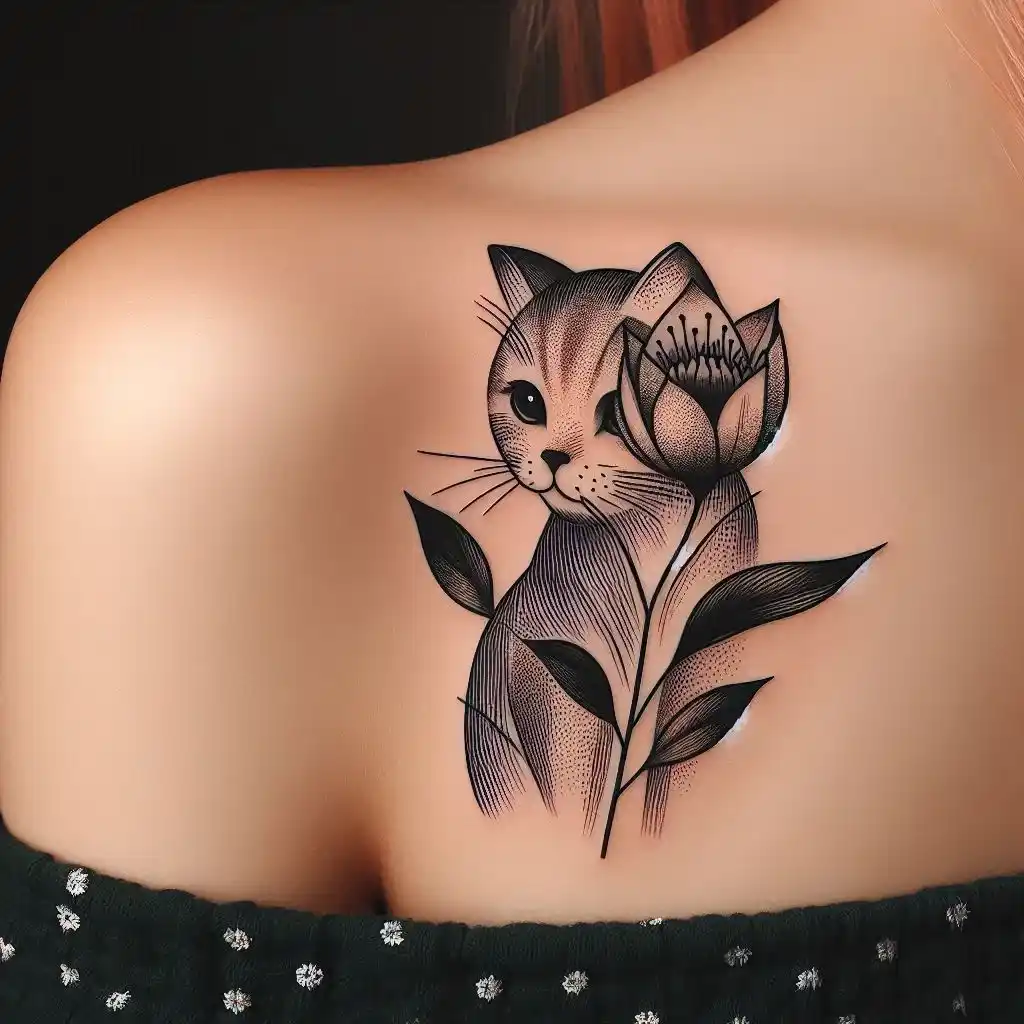 Minimalist Cat with Flower