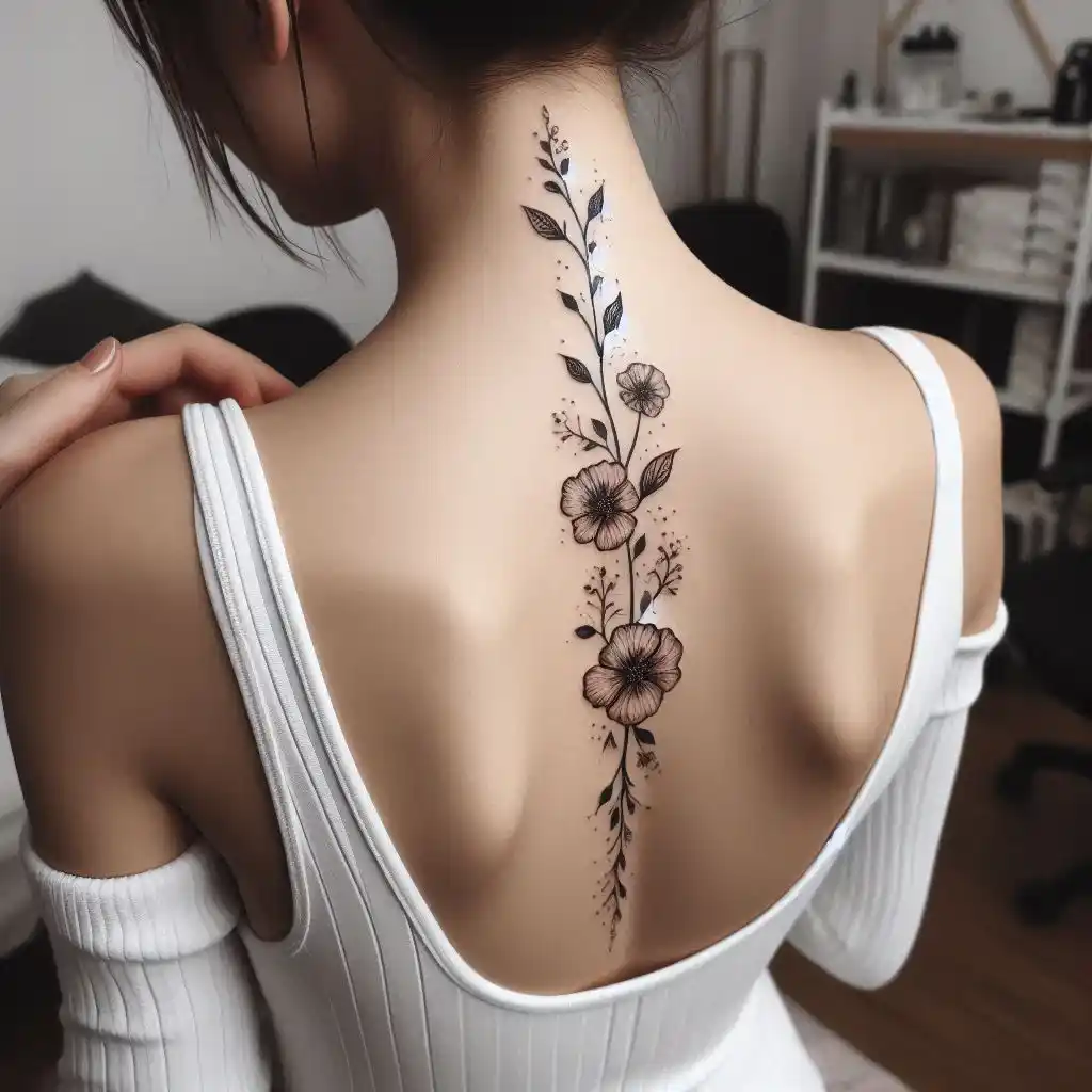 Minimalist Floral Spine Tattoo