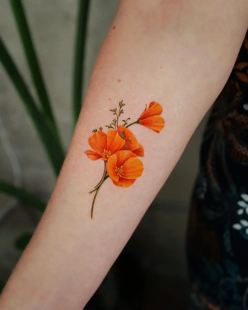 Amazing Micro Color Realistic Orange Poppy Tattoo on the Forearm