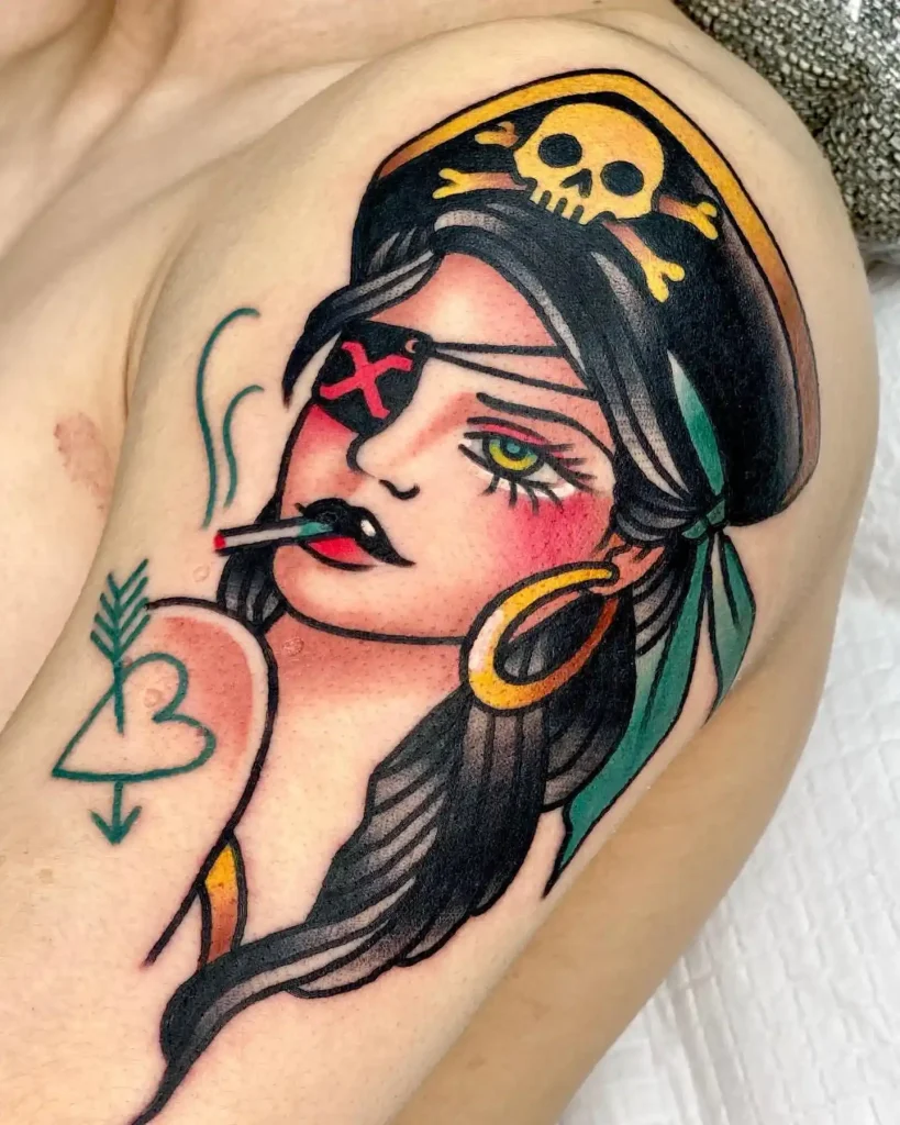 American Traditional Pirate Woman Tattoo