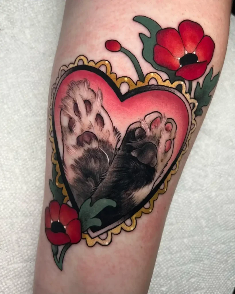 Awesome Neo-Traditional Poppy and Pet Paw Heart Tattoo