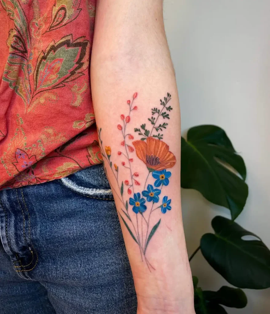 Beautiful Illustration Poppy Flower Bouquet Tattoo