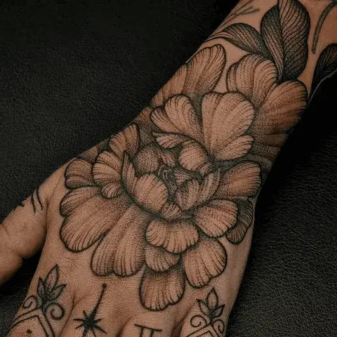 Big Peony Flower Hand Tattoo