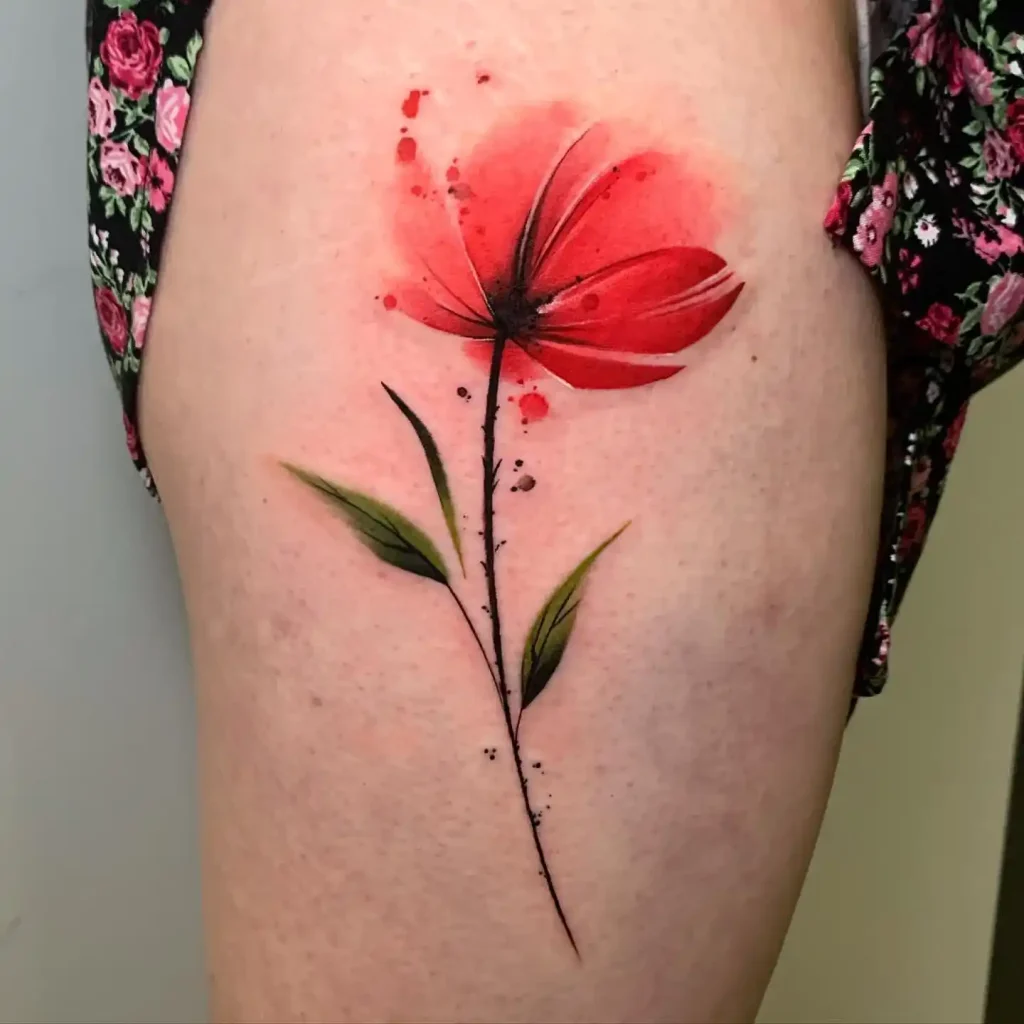 Bright Watercolor Poppy Thigh Tattoo