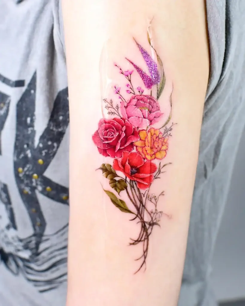 Colorful Realistic Poppy Flower Bouquet Tattoo