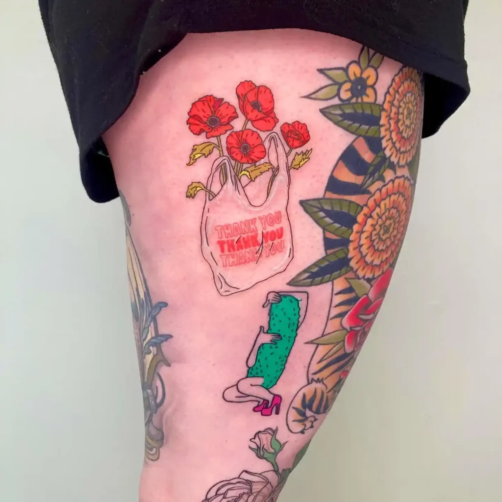 Cute Colorful Poppy Thigh Tattoo