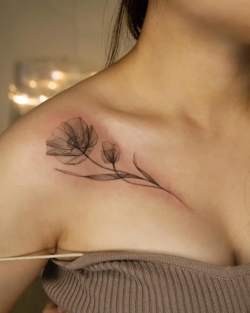 Feminine Abstract Poppy Tattoo on Chest