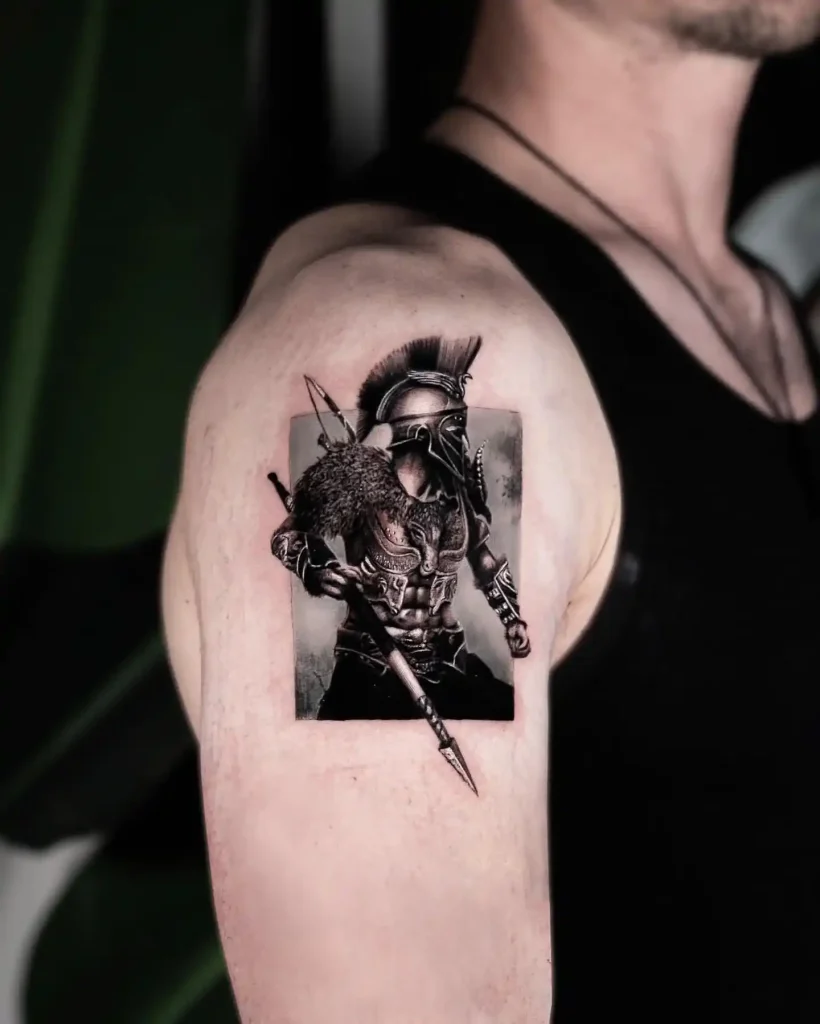 Hyperrealistic Gladiator Shoulder Tattoo