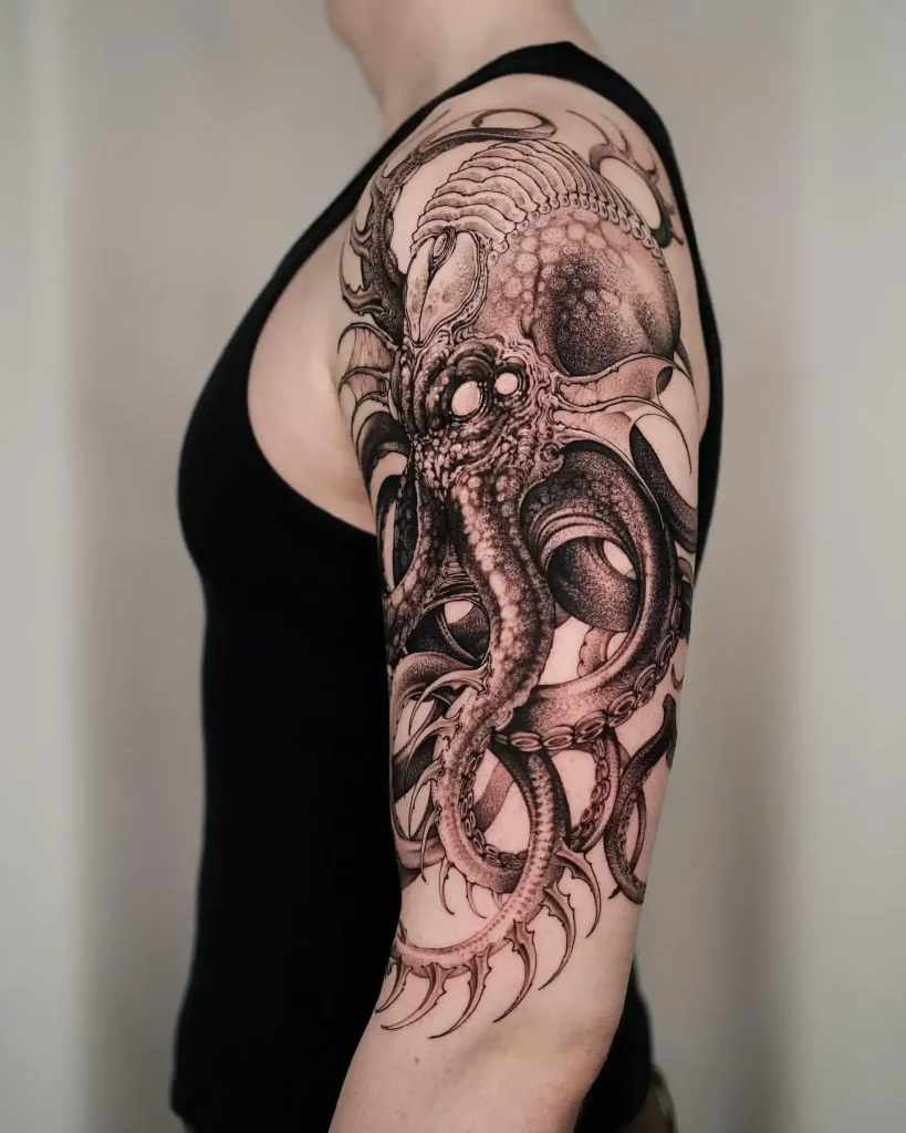 Large Blackwork Octopus Shoulder Tattoo