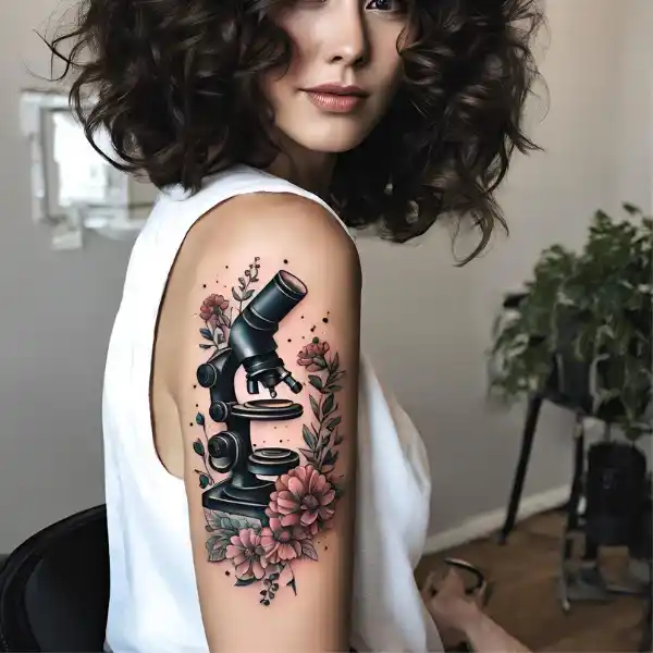 Microscope and Flowers Tattoo