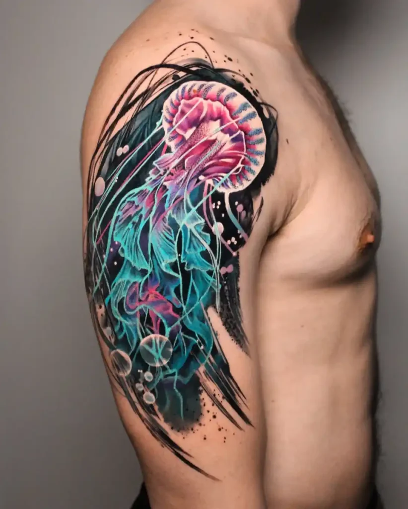 Neon Glow Jellyfish Tattoo on Shoulder