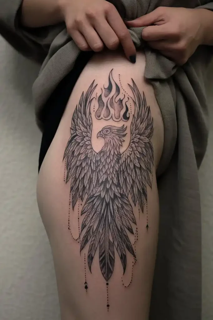 Phoenix Thigh Tattoo for a Powerful Symbol of Rebirth