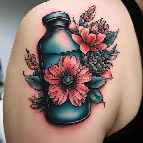 Pill Bottle and Flowers Tattoo