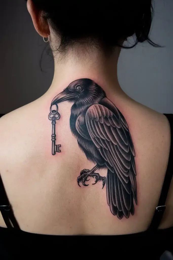 Raven with Key Tattoo for Mystery and Insight