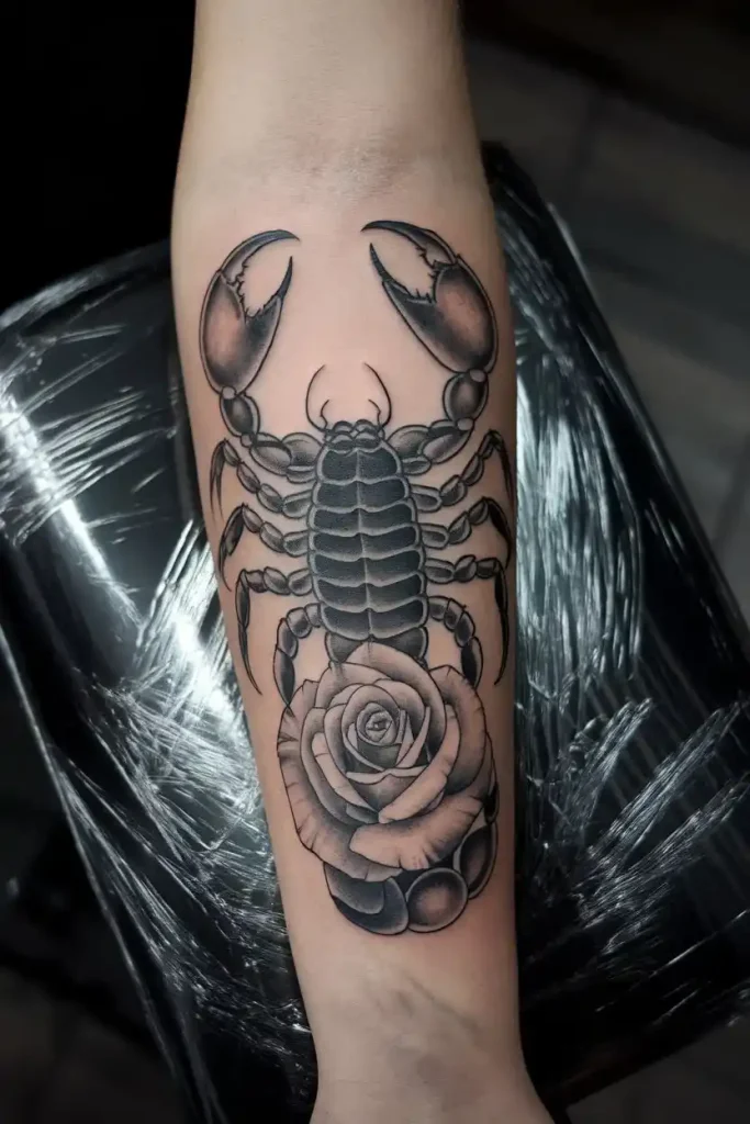 Scorpion and Rose Tattoo for a Bold Contrast of Strength