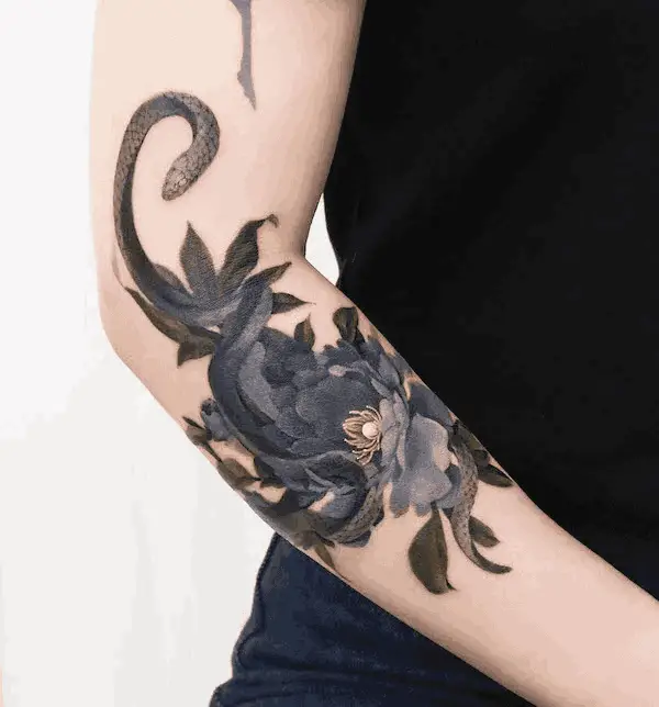 Snake And Flowers Cover-Up Tattoo