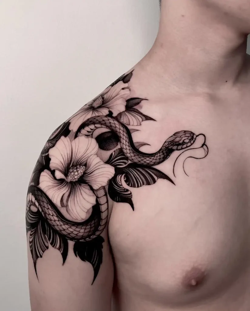 Snake and Flower Shoulder Tattoo