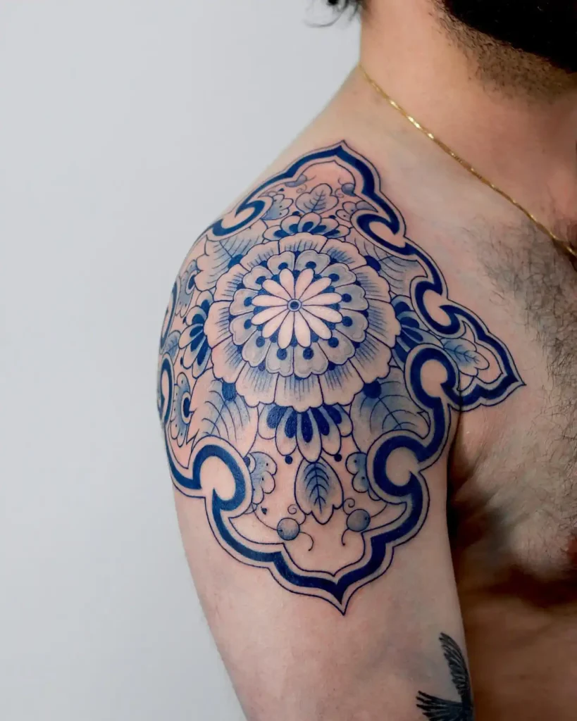 Unicolor Blue Folk Art Shoulder Tattoo