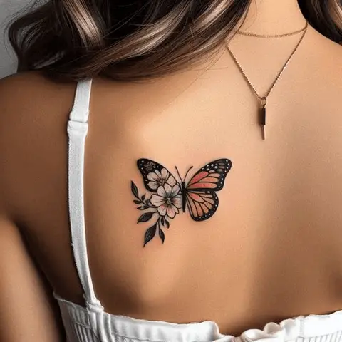 Colorful Half Butterfly Half Flower Tattoo On Back