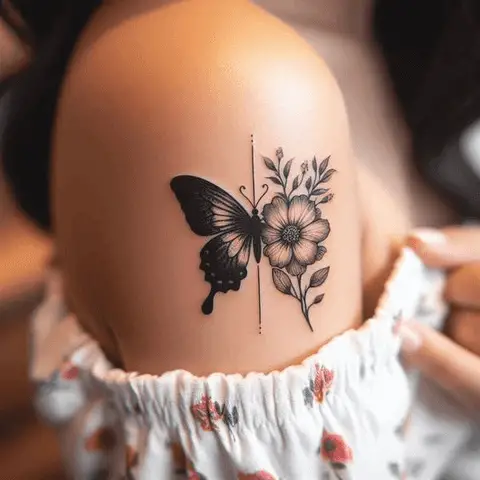 Contrasting Half Butterfly Half Flower Tattoo On Arm