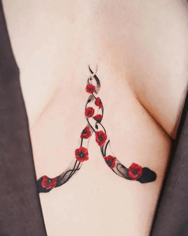 Double Floral Snake Underboob Tattoo